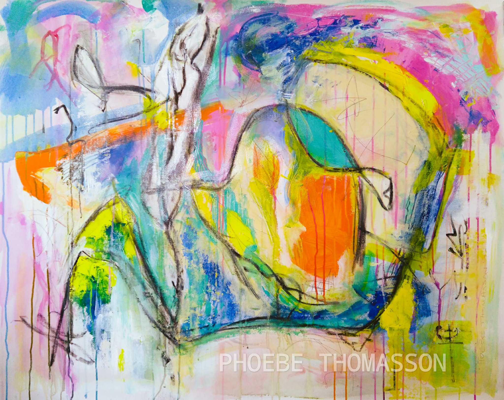 bold and dramatic yellow turquoise and orange abstract energetic abstract painting by phoebe thomasson artist uk